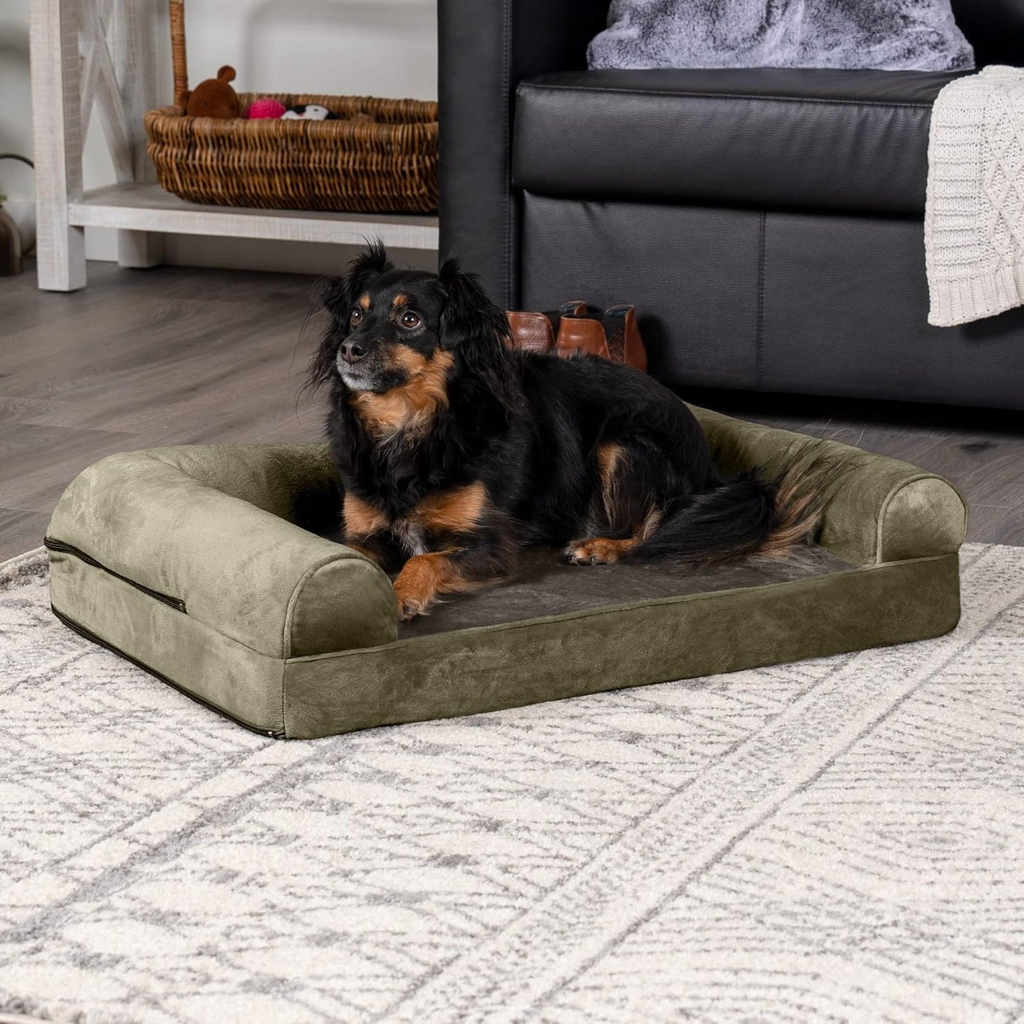 Soft, Orthopedic Foam Sofa Dog Bed with Washable & Removable Cover - Faux Fur/Velvet - Dark Sage, Dogs up to 35 Lbs - Medium