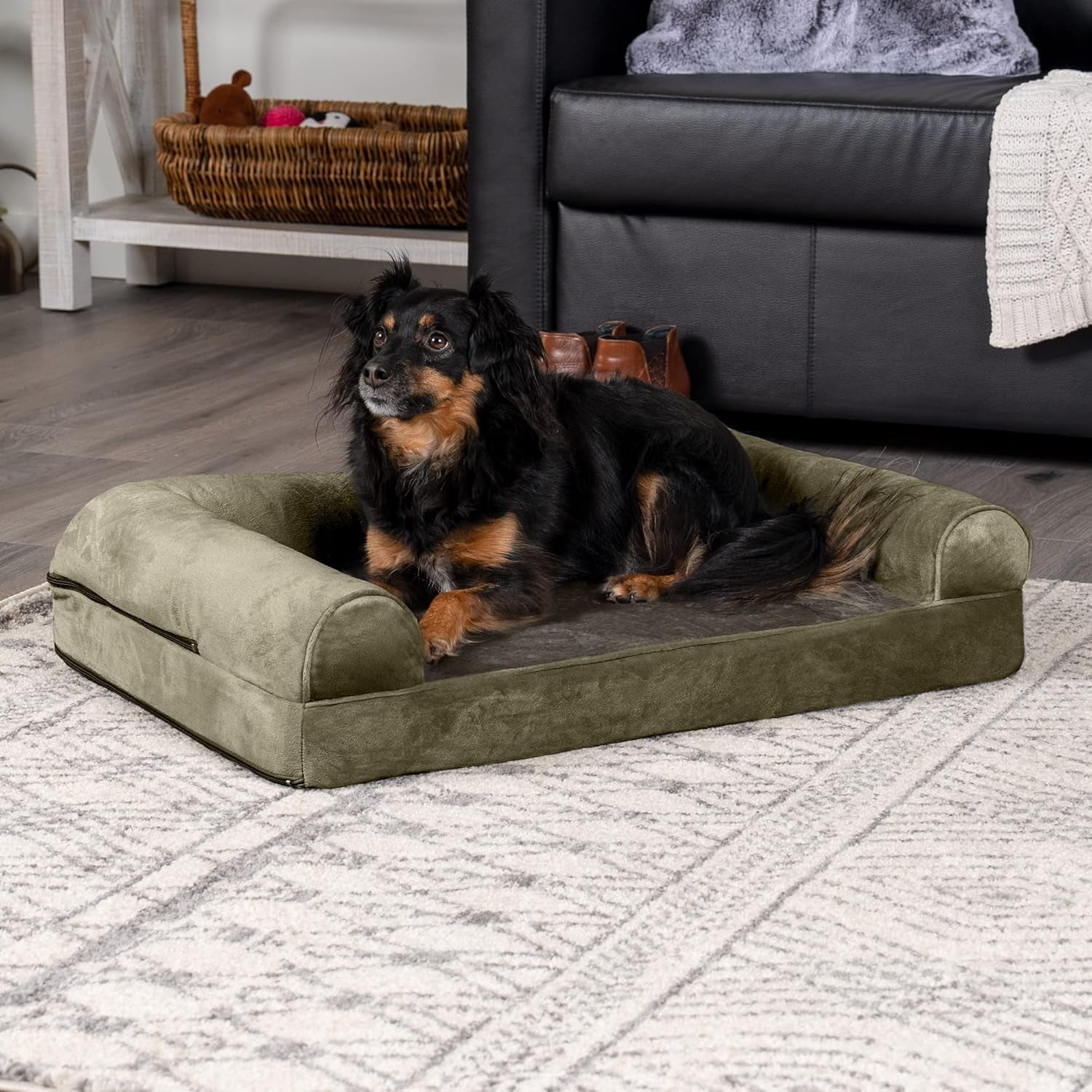 Soft, Orthopedic Foam Sofa Dog Bed with Washable & Removable Cover - Faux Fur/Velvet - Dark Sage, Dogs up to 35 Lbs - Medium
