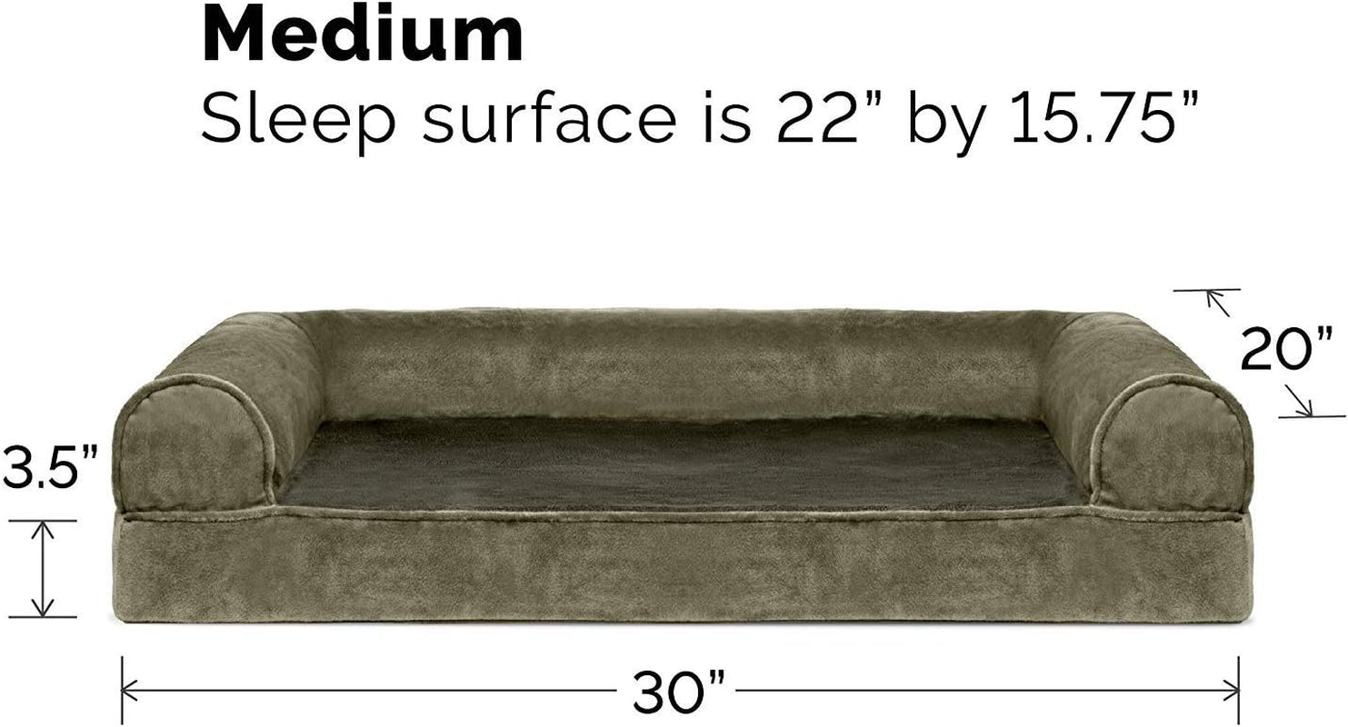 Soft, Orthopedic Foam Sofa Dog Bed with Washable & Removable Cover - Faux Fur/Velvet - Dark Sage, Dogs up to 35 Lbs - Medium