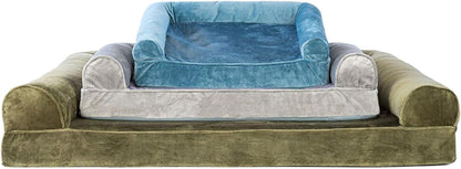 Soft, Orthopedic Foam Sofa Dog Bed with Washable & Removable Cover - Faux Fur/Velvet - Dark Sage, Dogs up to 35 Lbs - Medium