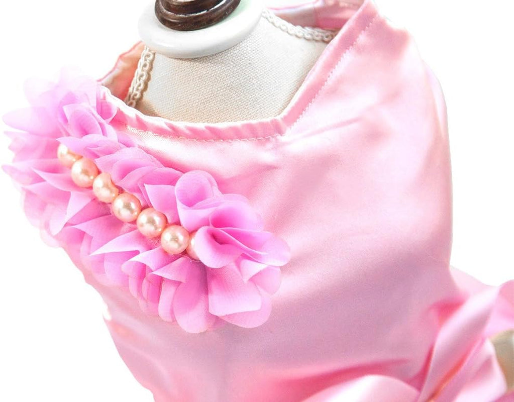 Pet Small Dog Wedding Dress with Bowknot Birthday Party Costume Satin Rose Pearls Girl Formal Dress Cat Tutu Pink, Small