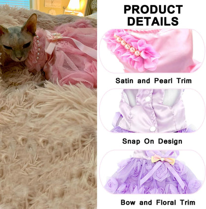 Pet Small Dog Wedding Dress with Bowknot Birthday Party Costume Satin Rose Pearls Girl Formal Dress Cat Tutu Pink, Small