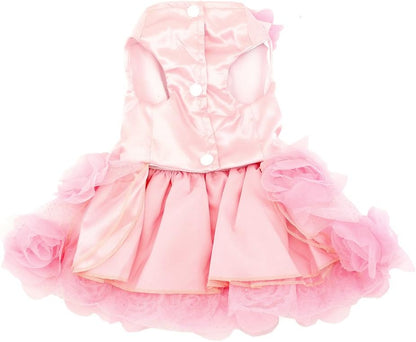 Pet Small Dog Wedding Dress with Bowknot Birthday Party Costume Satin Rose Pearls Girl Formal Dress Cat Tutu Pink, Small