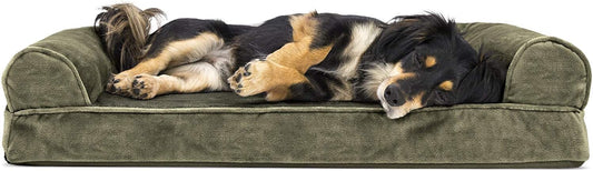 Soft, Orthopedic Foam Sofa Dog Bed with Washable & Removable Cover - Faux Fur/Velvet - Dark Sage, Dogs up to 35 Lbs - Medium