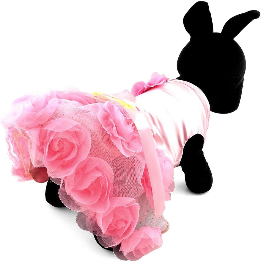 Pet Small Dog Wedding Dress with Bowknot Birthday Party Costume Satin Rose Pearls Girl Formal Dress Cat Tutu Pink, Small
