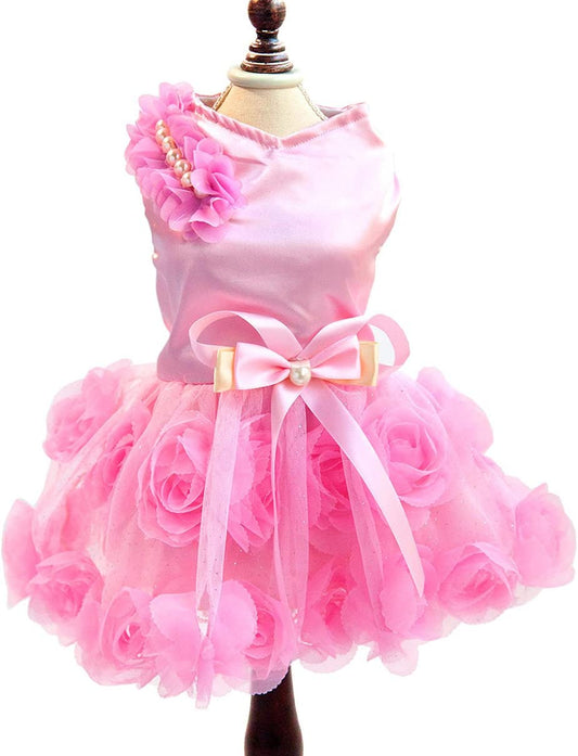 Pet Small Dog Wedding Dress with Bowknot Birthday Party Costume Satin Rose Pearls Girl Formal Dress Cat Tutu Pink, Small