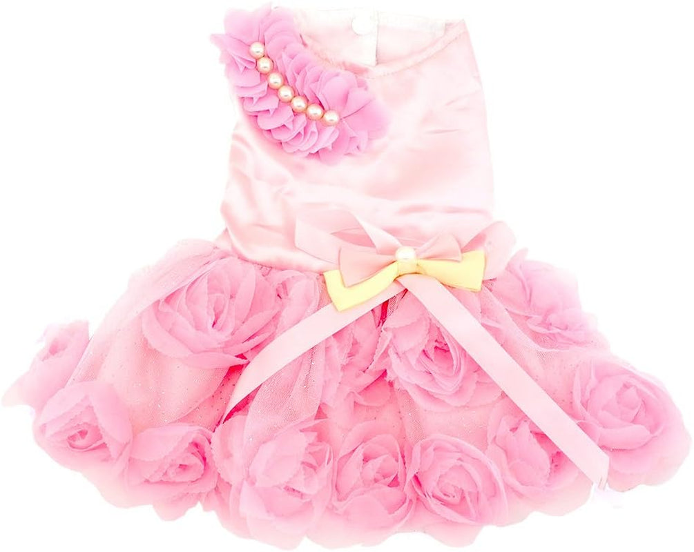 Pet Small Dog Wedding Dress with Bowknot Birthday Party Costume Satin Rose Pearls Girl Formal Dress Cat Tutu Pink, Small