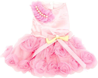 Pet Small Dog Wedding Dress with Bowknot Birthday Party Costume Satin Rose Pearls Girl Formal Dress Cat Tutu Pink, Small
