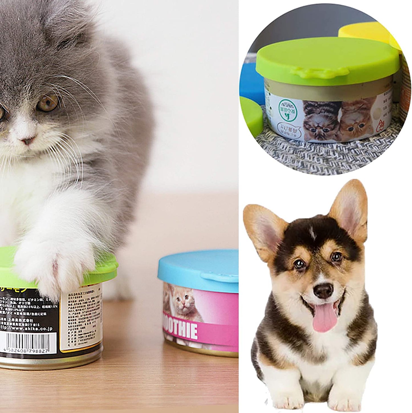 Pet Food Can Cover Silicone Can Lids for Dog and Cat Food, Pet Food Lids, Lids for Cans of Pet Food, Universal Size One Fit 3 Standard Size Food Cans (Light Blue+Green)