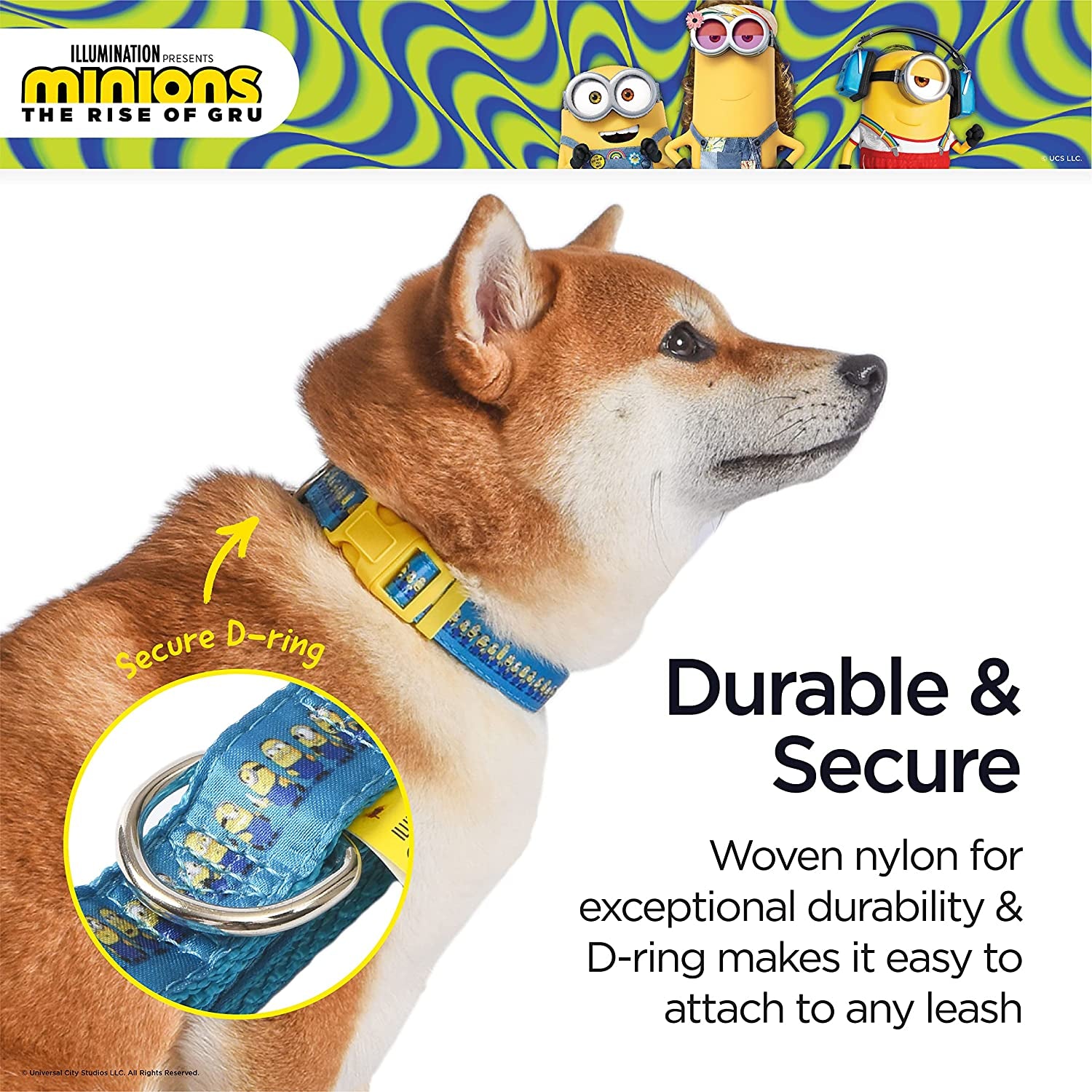 the Rise of Gru Large Dog Collar | Large Blue and Yellow Dog Collar  in a Row | Dog Collar for Large Dogs with D-Ring, Cute Dog Apparel & Accessories for Pets